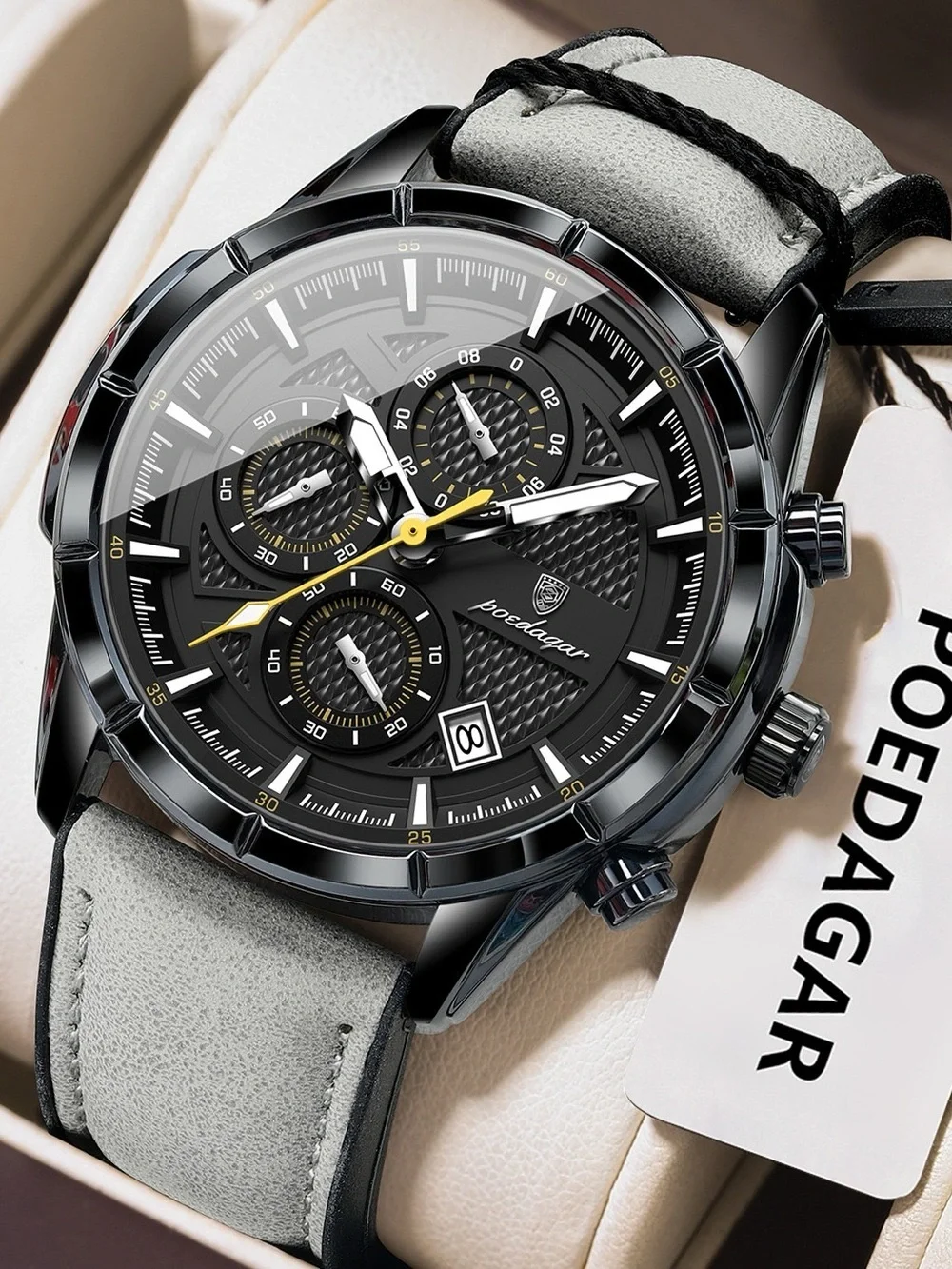 Luxury Sports Chronograph Quartz Watch Genuine Leather Strap Waterproof Watch